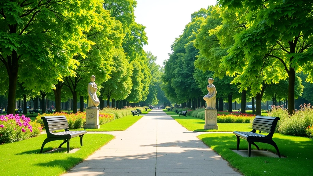 Skaistenā Esplanādes parka zaļā zona ar gaiļu un citu putnu skulptūrām