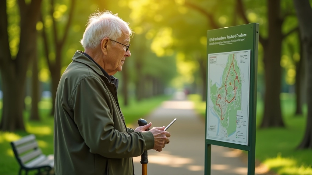 Seniori mēģina saprastnīgi parka maršrutu karti ar detalizētām sēdvietu norādēm